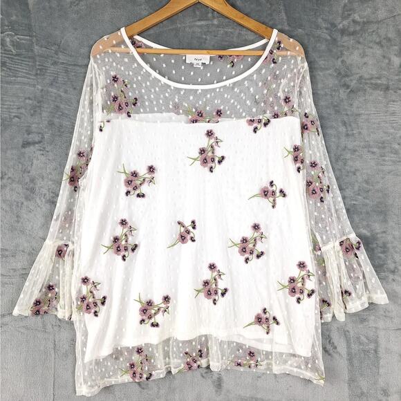 Womens‎ Top 3X White Romantic Floral Sheer Polka Dot Boho Fairy Feminine NWT - Picture 1 of 9